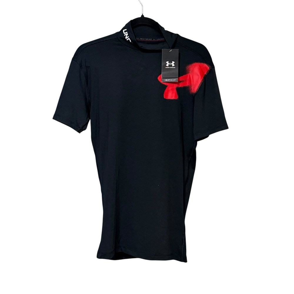 Under Armour Mens HeatGear Mock SS Click Clack Compression Shirt Black Red LT